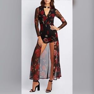 Charlotte Russe Floral Mesh Maxi Romper Medium